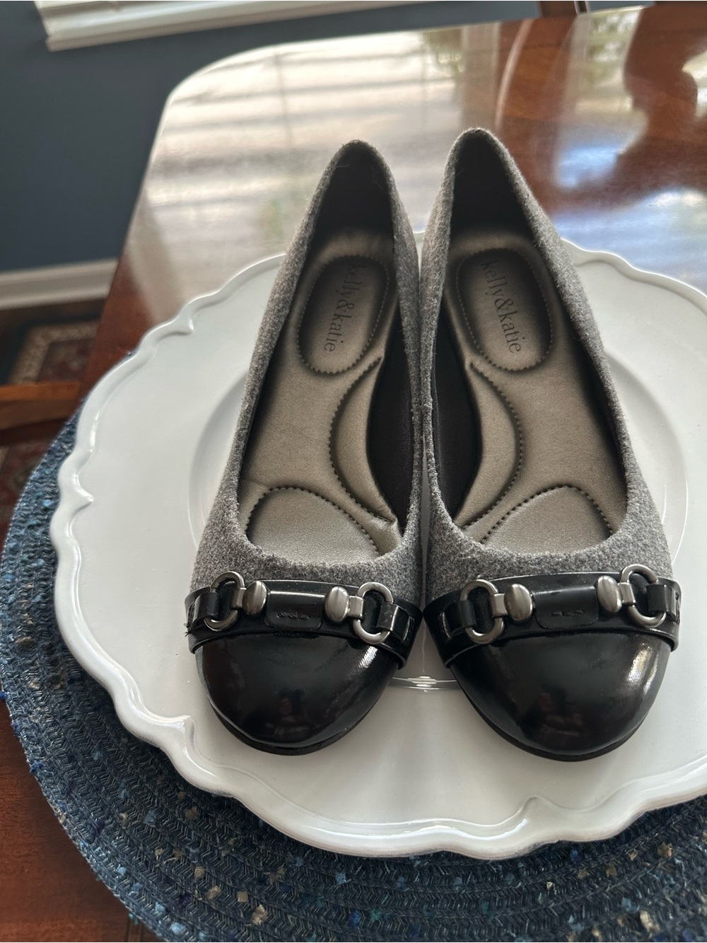 Kelly & Katie Gray Texedo Felt Wedges with Black Patent Toe